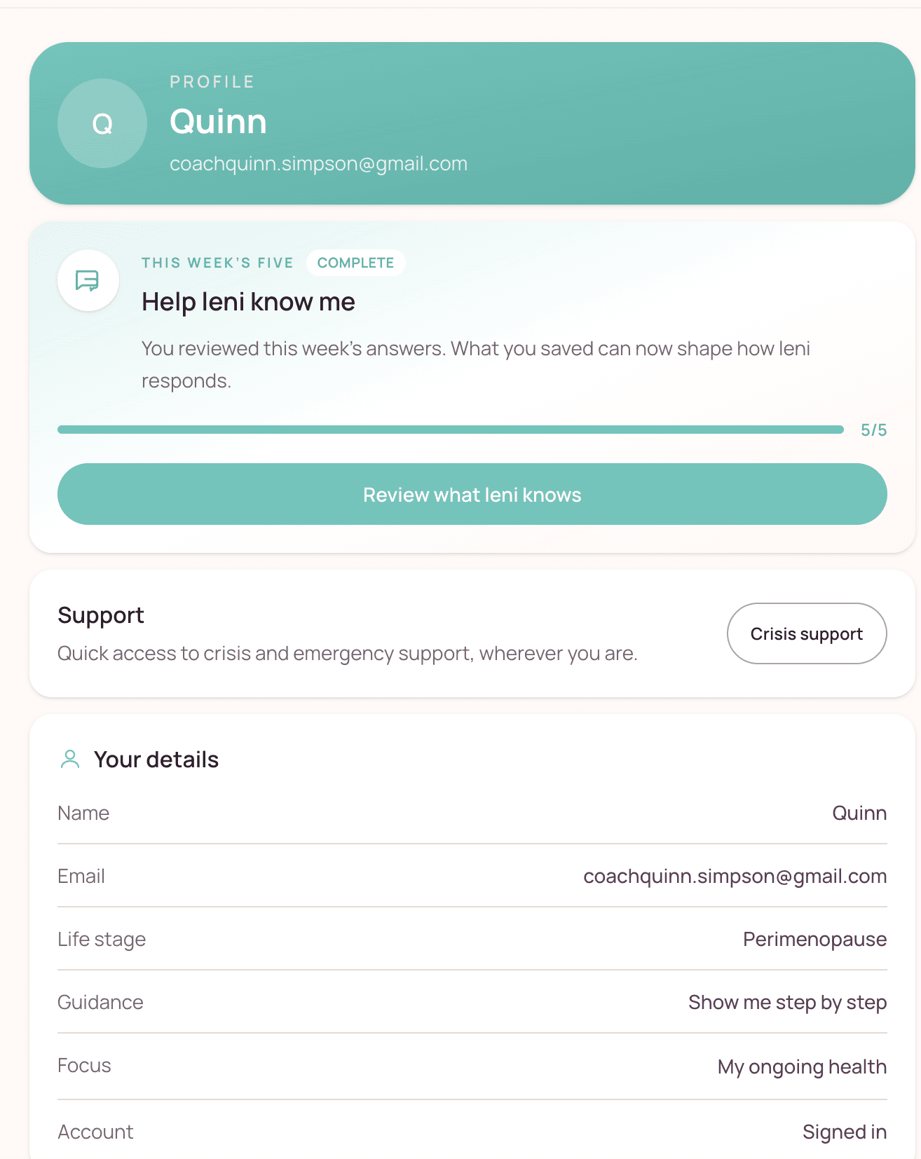 The leni profile screen